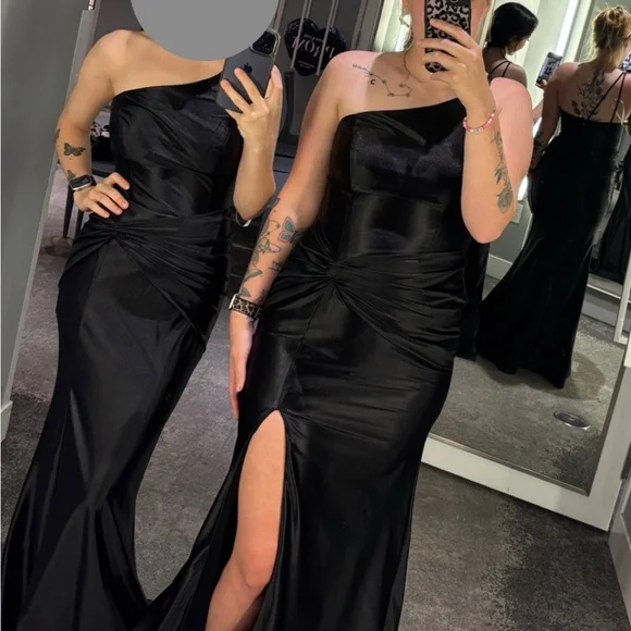 strapless open back dress Sparkly Velvet Sequin One Shoulder Feather Prom Dress